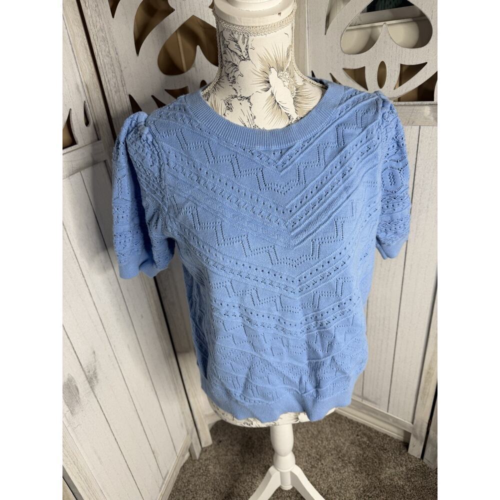Ann Taylor Loft Cotton Laced Pastel Blue Cardigan Short Sleeve Top Large